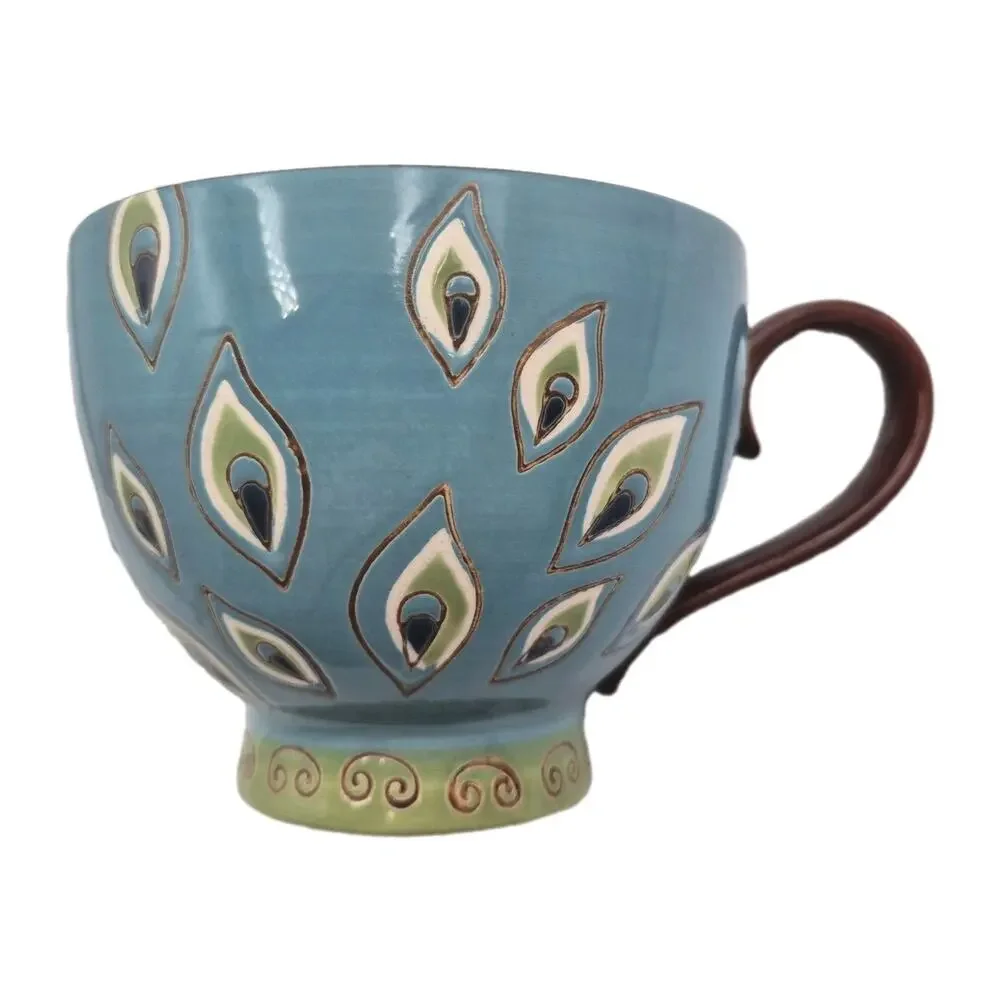 Pier 1 Handpainted Peacock Feathers Footed Mug 16oz Dolomite GORGEOUS